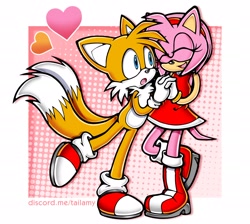 Size: 2048x1831 | Tagged: safe, artist:casiovision, amy rose, miles "tails" prower, 2026, duo, eyes closed, heart, holding hands, looking at them, mouth open, shipping, smile, standing, standing on one leg, straight, style emulation, tailamy, uekawa style