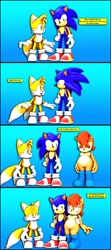 Size: 910x2048 | Tagged: safe, artist:pixelrush, miles "tails" prower, sally acorn, sonic the hedgehog, chipmunk, fox, hedgehog, 2023, 3d, bag, blender, blue background, blushing, carrying something, comic, dialogue, english text, fat sally acorn, female, male, positivity, sally's vest and boots, simple background, speech bubble, trio