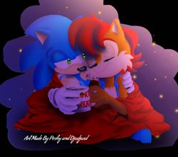 Size: 954x838 | Tagged: safe, artist:djudjuxd, artist:jadepesky, sally acorn, sonic the hedgehog, chipmunk, hedgehog, 2021, blanket, drink, duo, english text, female, hand on another's shoulder, holding something, hot drink, leaning on them, looking at them, male, mug, nighttime, sally x sonic, sally's vest and boots, shipping, sitting, smile, sparkles, straight