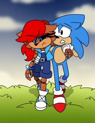 Size: 1583x2048 | Tagged: safe, artist:kittytale, sally acorn, sonic the hedgehog, chipmunk, hedgehog, 2026, carrying them, classic sally, classic sonic, daytime, duo, female, grass, male, robot, roboticized, sally x sonic, sally's ringblader outfit, shipping, straight, tears