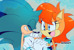 Size: 1394x950 | Tagged: safe, artist:risziarts, sally acorn, sonic the hedgehog, chipmunk, hedgehog, 2024, duo, eyes closed, female, happy, holding hands, looking at each other, male, open mouth, sally x sonic, sally's ringblader outfit, shipping, smile, straight