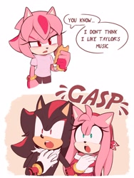 Size: 1920x2557 | Tagged: safe, artist:toonsite, amy rose, shadow the hedgehog, oc, oc:maria rose (toonsite), hedgehog, 2024, amy x shadow, child, comic, dialogue, english text, fankid, female, gasping, holding something, male, phone, shipping, speech bubble, straight, trio