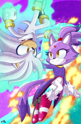 Size: 1257x1920 | Tagged: safe, artist:buddyhyped, blaze the cat, silver the hedgehog, cat, hedgehog, 2024, duo, female, fire, looking at each other, male, mid-air, shipping, silvaze, smile, straight, telekinesis