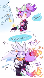 Size: 1300x2280 | Tagged: safe, artist:einelitas, blaze the cat, silver the hedgehog, cat, hedgehog, 2024, alternate universe, au:after riders, clothes, comic, dialogue, duo focus, english text, female, fully clothed, glasses, happy, holding something, hugging, male, riders outfit, shipping, silvaze, speech bubble, straight, suit, trio, unnamed character