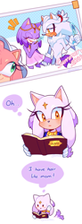 Size: 1131x3072 | Tagged: safe, artist:einelitas, amy rose, blaze the cat, silver the hedgehog, oc, oc:nymph the cat (einelitas), cat, hedgehog, 2024, beach, blushing, book, comic, dialogue, english text, fankid, female, food, holding something, male, parent:blaze, parent:silver, parents:silvaze, photo, photo album, popsicle, solo, speech bubble