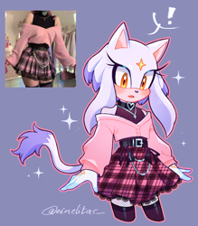 Size: 1000x1139 | Tagged: safe, artist:einelitas, oc, oc:nymph the cat (einelitas), cat, 2024, alternate outfit, clothes, collar, dress, exclamation mark, fankid, female, necklace, parent:blaze, parent:silver, parents:silvaze, simple background, solo, sparkles, speech bubble