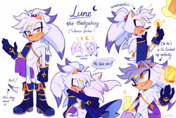 Size: 2048x1373 | Tagged: safe, artist:einelitas, oc, oc:lune the hedgehog (einelitas), oc:nymph the cat (einelitas), cat, hedgehog, 2024, chaos emerald, dialogue, duo, english text, female, fire, hugging, looking at viewer, looking offscreen, male, parent:blaze, parent:silver, parents:silvaze, reference sheet, siblings, simple background, smile, solo focus, speech bubble