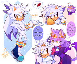 Size: 1280x1072 | Tagged: safe, artist:einelitas, blaze the cat, oc, oc:lune the hedgehog (einelitas), cat, hedgehog, 2024, dialogue, duo, english text, female, holding something, male, mirror, mother and child, mother and son, parent:blaze, parent:silver, parents:silvaze, simple background, speech bubble