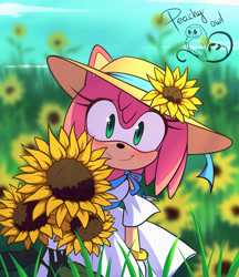 Size: 518x600 | Tagged: safe, artist:peachyowlart, amy rose, hedgehog, amybetes, blushing, cottagecore, cute, dress, female, flower, hat, signature, smiling at viewer, solo, sunflower