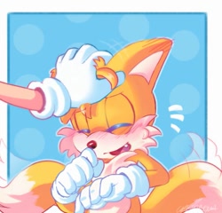 Size: 626x600 | Tagged: safe, artist:anouckyshim, miles "tails" prower, sonic the hedgehog, fox, blushing, cute, emanata, gloves, male, offscreen character, open mouth, open smile, smile, solo focus, tailabetes