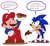 Size: 2048x1883 | Tagged: safe, artist:domestic maid, sonic the hedgehog, hedgehog, human, adventures of sonic the hedgehog, chili dog, classic sonic, crossover, dialogue, dic, duo, gloves, male, mario, pizza, sausage, shoes, super mario bros., the super mario bros. super show!