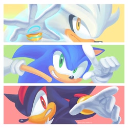 Size: 2048x2048 | Tagged: safe, artist:siggiedraws, shadow the hedgehog, silver the hedgehog, sonic the hedgehog, hedgehog, gloves, looking at viewer, male, trio