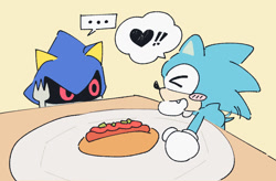 Size: 891x586 | Tagged: safe, artist:66kuya99, metal sonic, sonic the hedgehog, ..., 2026, blushing, chili dog, duo, eyes closed, food, fork, heart, mouth open, plate, smile, speech bubble