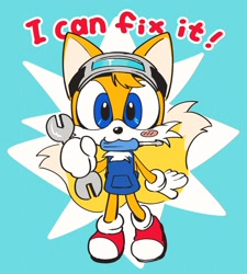 Size: 1580x1752 | Tagged: safe, artist:66kuya99, miles "tails" prower, 2025, blue background, blushing, english text, holding something, looking at viewer, screwdriver, simple background, solo, standing, wrench