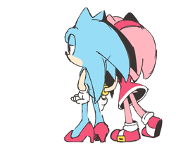 Size: 1155x1011 | Tagged: safe, artist:66kuya99, amy rose, sonic the hedgehog, 2025, amy x sonic, duo, edit, from behind, lidded eyes, shipping, simple background, standing, straight, white background
