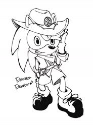 Size: 1044x1417 | Tagged: safe, artist:66kuya99, sonic the hedgehog, 2025, cowboy hat, english text, greyscale, grin, hat, lidded eyes, looking at viewer, monochrome, simple background, smile, solo, standing, white background