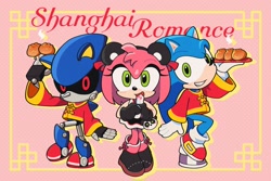 Size: 2670x1781 | Tagged: safe, artist:66kuya99, amy rose, metal sonic, sonic the hedgehog, 2025, blushing, chinese clothes, english text, food, grin, holding something, looking at viewer, mouth open, panda costume, pink background, robot, simple background, smile, standing, steamed bun, trio
