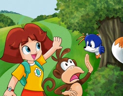 Size: 2068x1615 | Tagged: safe, artist:clarissa_arts, miles "tails" prower, fox, human, monkey, boots the monkey, dora the explorer, female, male, mask, swiper, tree, trio