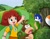 Size: 2068x1615 | Tagged: safe, artist:clarissa_arts, miles "tails" prower, fox, human, monkey, boots the monkey, crossover, daytime, dora the explorer, eyebrow clipping through hair, female, hill, male, mask, outdoors, swiper, tree, trio