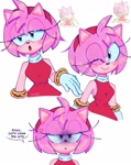 Size: 1629x2048 | Tagged: safe, artist:lyxzth_, amy rose, hedgehog, cross popping vein, dialogue, eye clipping through hair, female, lidded eyes, simple background, solo, speech bubble, white background, wink
