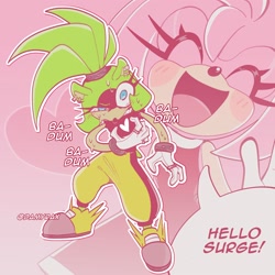 Size: 2000x2000 | Tagged: safe, artist:damyrax, amy rose, surge the tenrec, dialogue, heart, pink background, shipping, surgamy