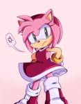 Size: 1418x1816 | Tagged: safe, artist:beeames, amy rose, hedgehog, amy's halterneck dress, cross popping vein, female, frown, gradient background, hands on hips, pink background, solo, speech bubble