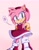 Size: 1418x1816 | Tagged: safe, artist:beeames, amy rose, hedgehog, amy's halterneck dress, cross popping vein, female, frown, gradient background, hands on hips, pink background, solo, speech bubble