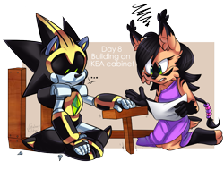 Size: 1193x906 | Tagged: safe, artist:galaxynite, nicole the hololynx, shard the metal, lynx, ..., 2017, duo, english text, female, furniture, holding something, hololynx, ikea (manufacturer), male, nicole x shard, paper, robot, screw, shipping, sitting, speech bubble, straight