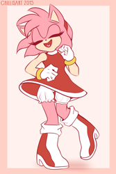 Size: 1000x1500 | Tagged: safe, artist:spacecolonie, amy rose, hedgehog, bloomers, dancing, dress, eyes closed, female, open mouth, open smile, shoes, smile, solo