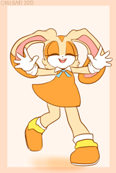 Size: 1000x1500 | Tagged: safe, artist:spacecolonie, cream the rabbit, rabbit, dancing, dress, eyes closed, female, open mouth, open smile, raised leg, smile, solo