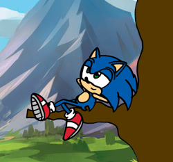 Size: 1280x1192 | Tagged: safe, artist:captainquack64, sonic the hedgehog, hedgehog, hands behind head, male, mountain, shoes, smile, solo, tree