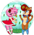 Size: 899x922 | Tagged: safe, artist:melancholybat, amy rose, sally acorn, chipmunk, hedgehog, 2019, cute, daytime, duo, eyes closed, featureless breasts, female, flower, grass, leaf, rose, smile, standing