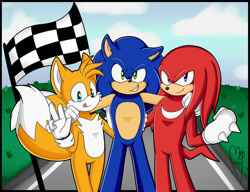 Size: 1024x787 | Tagged: safe, artist:melancholybat, knuckles the echidna, miles "tails" prower, sonic the hedgehog, 2019, abstract background, arm around shoulders, checkered flag, clouds, daytime, flag, grass, looking at viewer, outdoors, smile, standing, team sonic, tongue out, trio, v sign