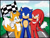 Size: 1024x787 | Tagged: safe, artist:melancholybat, knuckles the echidna, miles "tails" prower, sonic the hedgehog, echidna, fox, hedgehog, 2019, abstract background, arm around shoulders, checkered flag, clouds, daytime, flag, grass, looking at viewer, male, outdoors, smile, standing, team sonic, tongue out, trio, v sign