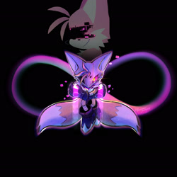 Size: 2048x2048 | Tagged: safe, artist:0vergrowngraveyard, miles "tails" prower, 2026, alignment swap, alternate universe, au:phantom ruby-ied tails, black background, corruption, digital static, flying, glitch, infinite tails, infinite's mask, infinity symbol, mid-air, outline, phantom ruby, simple background, solo