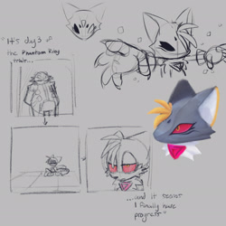 Size: 2048x2048 | Tagged: safe, artist:0vergrowngraveyard, miles "tails" prower, robotnik, human, sonic forces, 2026, alignment swap, alternate universe, au:phantom ruby-ied tails, digital static, duo, english text, grey background, infinite tails, infinite's mask, line art, lineless, phantom ruby, red sclera, simple background, spot color, text