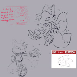 Size: 2048x2048 | Tagged: safe, artist:0vergrowngraveyard, miles "tails" prower, sonic the hedgehog, 2026, alignment swap, alternate universe, au:phantom ruby-ied tails, digital static, duo, english text, frown, grey background, infinite tails, infinite's mask, line art, live reaction, meme, monochrome, phantom ruby, simple background, text
