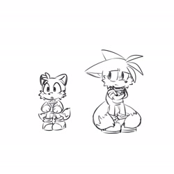 Size: 2048x2048 | Tagged: safe, artist:0vergrowngraveyard, miles "tails" prower, sonic forces, 2026, alignment swap, alternate universe, arms folded, au:phantom ruby-ied tails, duality, floppy ears, frown, infinite tails, line art, looking offscreen, monochrome, mouth open, phantom ruby, simple background, solo, standing, white background
