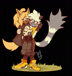 Size: 1800x1882 | Tagged: safe, artist:lilhomoj, tangle the lemur, whisper the wolf, lemur, wolf, 2026, beanbrows, black background, blushing, carrying them, eye clipping through hair, fangs, female, grass, holding each other, lesbian, shipping, signature, simple background, standing, tangle x whisper