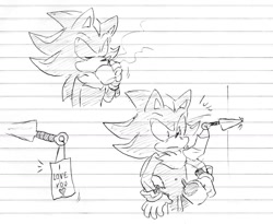 Size: 1280x1048 | Tagged: safe, artist:pastafrolas, shadow the hedgehog, coffee, drink, drinking, english text, gay, heart, kunai knife, mug, shadpio, shipping, shocked, solo, text