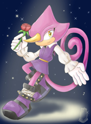 Size: 1481x2000 | Tagged: safe, artist:psychictimestone, espio the chameleon, the murder of sonic the hedgehog, 2026, flower, holding something, looking at viewer, rose, smile, solo, sparkles, spotlight