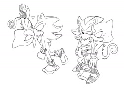 Size: 1280x906 | Tagged: safe, artist:pastafrolas, espio the chameleon, shadow the hedgehog, duo, gay, heart, hugging, hugging from behind, kiss, line art, monochrome, shadpio, shipping, simple background, spiderman kiss, upside down, white background