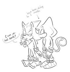 Size: 913x943 | Tagged: safe, artist:pastafrolas, espio the chameleon, shadow the hedgehog, arrow, blushing, dialogue, duo, english text, gay, line art, monochrome, shadpio, shipping, shy, simple background, speech bubble, text, white background