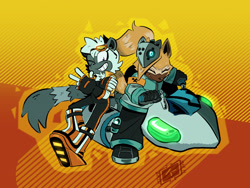 Size: 2048x1536 | Tagged: safe, artist:kasinspats, tangle the lemur, whisper the wolf, 2026, backwards v sign, duo, extreme gear, goggles, outline, riders outfit, smile, sonic racing crossworlds, v sign, wink