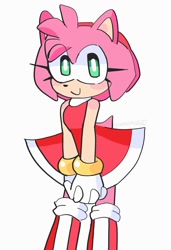 Size: 1200x1750 | Tagged: safe, artist:vixendaize, amy rose, 2026, amybetes, blushing, cute, eye clipping through hair, hands together, looking at viewer, simple background, smile, solo, standing, white background