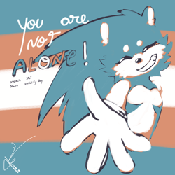 Size: 2048x2048 | Tagged: safe, artist:imovvfox, sonic the hedgehog, 2026, beanbrows, english text, limited palette, motivation, positivity, scar, signature, smile, solo, text, top surgery scars, trans boy sonic, trans male, trans pride, trans visibility day, transgender