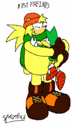 Size: 1280x2161 | Tagged: safe, artist:spacefruity, bark the polar bear, bean the dynamite, 2025, duo, english text, eyes closed, flat colors, hugging, signature, smile, standing, text, treads