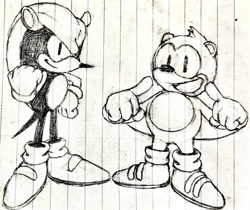 Size: 1280x1077 | Tagged: safe, artist:spacefruity, mighty the armadillo, ray the flying squirrel, 2026, black and white, duo, line art, monochrome, pointing, smile, standing, traditional media