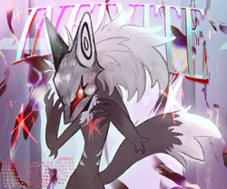 Size: 1302x1082 | Tagged: safe, artist:infinitesruby, infinite the jackal, 2026, abstract background, character name, english text, infinite's mask, scar, solo, standing, text