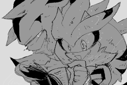 Size: 600x400 | Tagged: safe, artist:34_6, mephiles the dark, silver the hedgehog, 2026, book, duo, grey background, greyscale, holding something, lidded eyes, looking at them, monochrome, mouth open, signature, simple background, smile